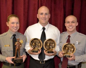 Graduating cadets honored during Wayne Community College's 63rd Basic Law Enforcement Training graduation ceremony are (left to right) Autumn Kahl, Valedictorian; Dustin S. d’Hemecourt, Top Gun Award and Leadership Award recipient, and Joshua A. Davis, Physical Fitness Award winner.