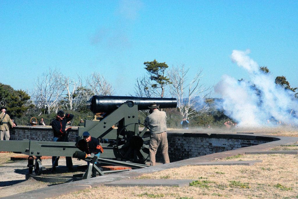 A WCC cannon at Fort Macon being fired.