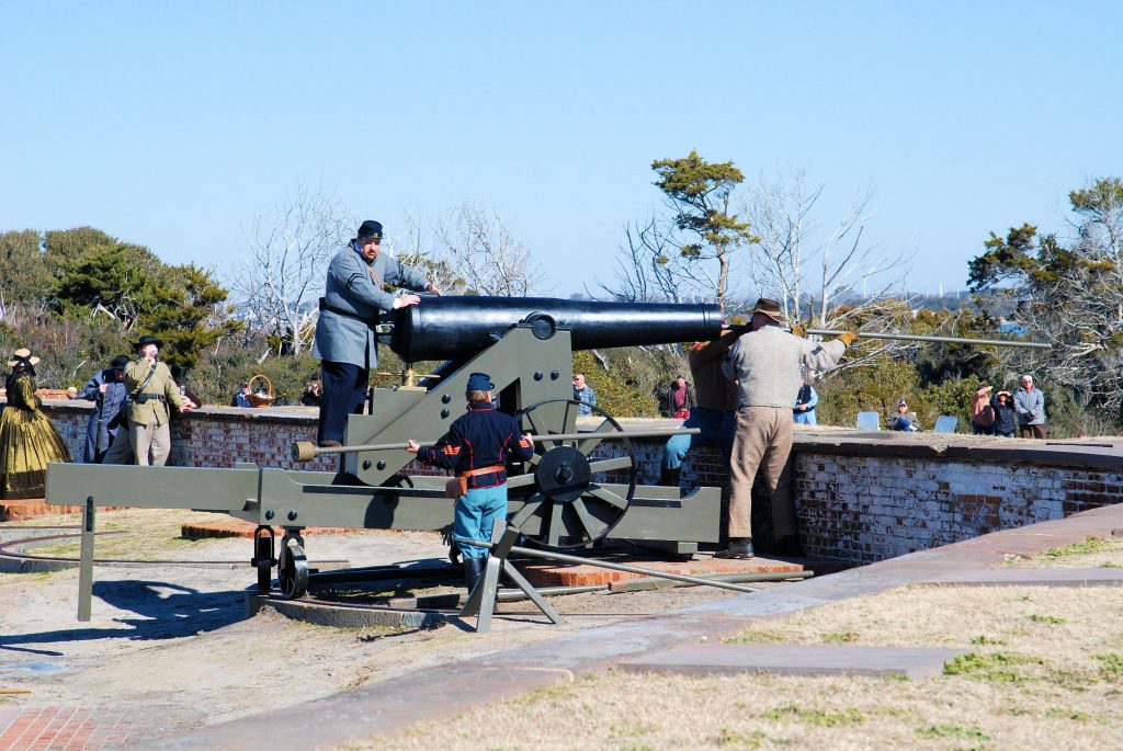 A WCC cannon at Fort Macon being loaded for firing