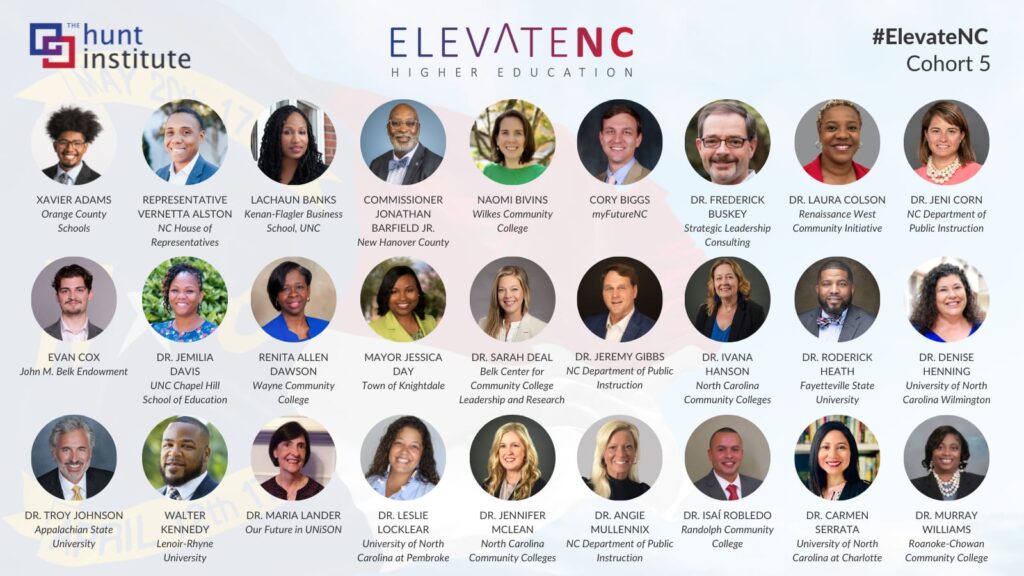 Professional headshots are shown of individuals in the ElevateNC cohort.